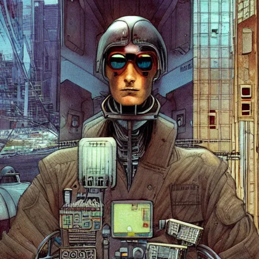 Prompt: Digital portrait of a Ghost in the machine by Enki bilal and Moebius and francois Schuiten, cyberpunk, impressive perspective, masterpiece