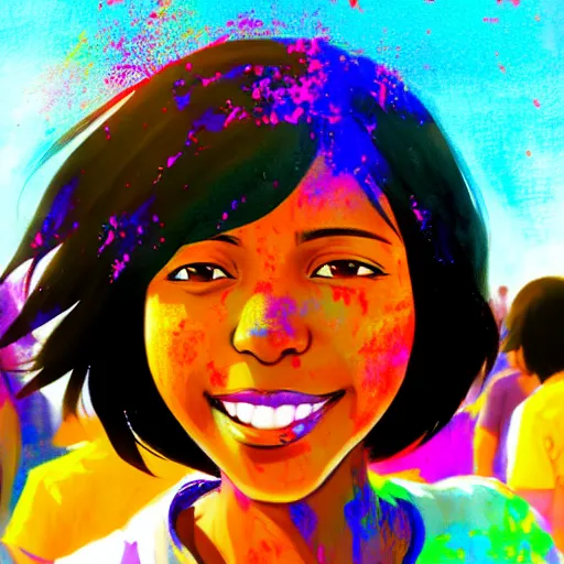 Image similar to portrait of a smiling black girl with short hair at the holi festival, By makoto shinkai, by leiji Matsumoto, by Julie Bell