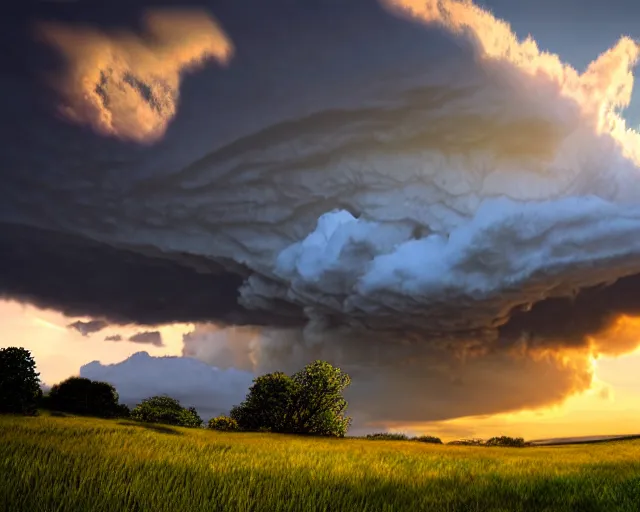 Prompt: photorealistic cumulonimbus storm clouds float over a grassy, hilly expanse sparse with trees at sunset, very detailed