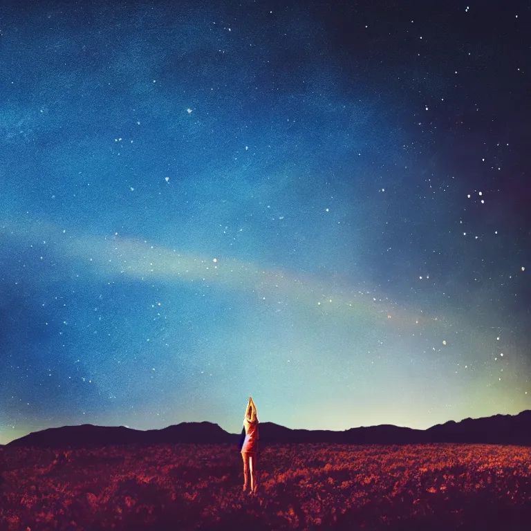 Prompt: a beautiful landscape of a starry sky with an woman waving to the horizon, cinematic, dramatic, color grading, photojournalism, colorful, highly detailed