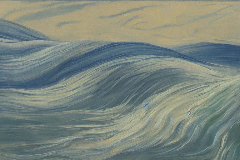 Image similar to Landscape painting. Organic. Winding rushing water. Waves. Clouds. Wayne Thiebaud