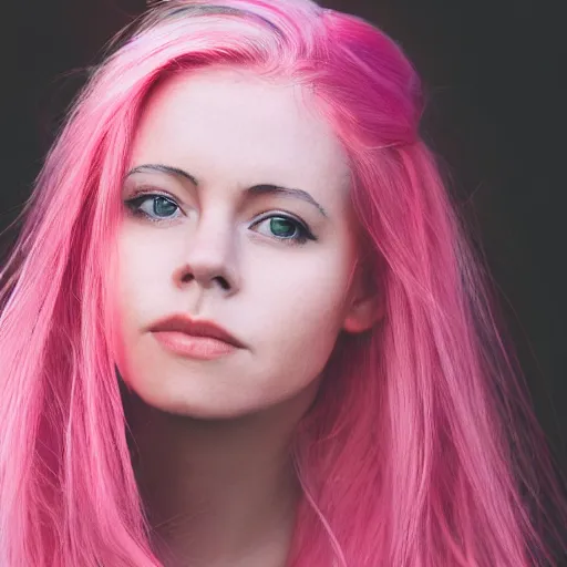 Image similar to a beautiful woman with pink hair and fair skin, portrait photograph, nikon 3 5 mm, photograph