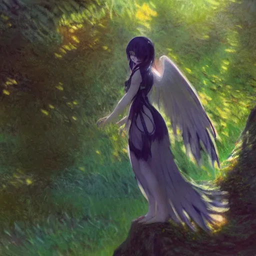 Image similar to Cute Harpy Girl by Pixiv ArtStation, anime scenery, by Edvard Monet Frank