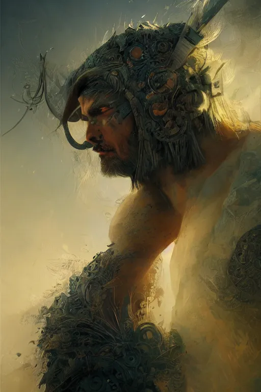 Image similar to gediminas pranckevicius jibaro hindu warrior, close - up portrait, fierce, intricate, elegant, volumetric lighting, scenery, digital painting, highly detailed, artstation, sharp focus, illustration, concept art, ruan jia, steve mccurry