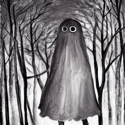 Image similar to ominous bedsheet ghost floating in a dark autumn forest, oil painting, brush strokes, gloomy foggy atmosphere, symmetrical, full body image, highly ornate intricate details,