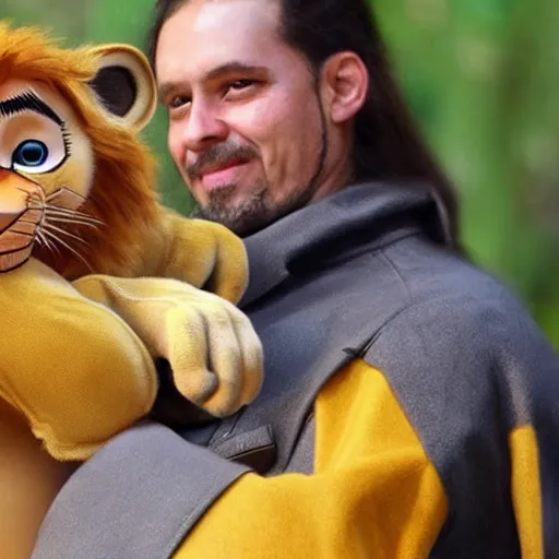 Image similar to eccio auditore holding baby simba as in the lion king