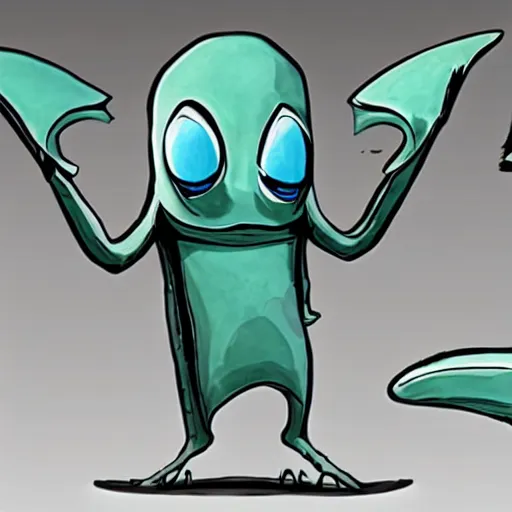 Image similar to design for a stop motion character with a manta ray head and arms attached by the back like a large blanket, alien, mutant, peaceful, art by tim shafer from his work on psychonauts by double fine, in collaboration with tim burton