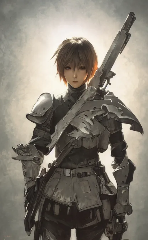 Image similar to final fantasy 1 0 soldier girl, anime style, short hair, hair down, symmetrical facial features, from arknights, hyper realistic, 4 k, rule of thirds, extreme detail, detailed drawing, artstation, knight armor, by alphonse mucha, greg rutkowski, sharp focus, backlit