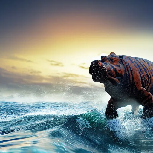 Image similar to a closeup photorealistic photograph of a cute smiling knitted tiger hippopotamus chasing after beachballs during sunset. surf in background. professional capture. this 4 k hd image is trending on artstation, featured on behance, well - rendered, extra crisp, features intricate detail, epic composition and the style of unreal engine.