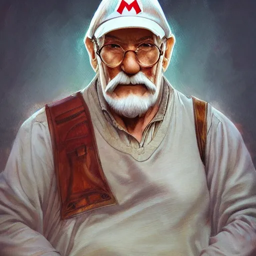 Prompt: old man super mario, highly detailed, digital painting, artstation, illustration, art by artgerm and greg rutkowski and alphonse mucha