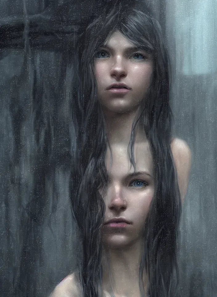 Prompt: a closeup portrait of an young woman from skyrim standing in an alleyway whilst raining, fantasy setting, city environment, serene colors, soft lighting, atmospheric, cinematic, moody, in the style of diego koi, gina heyer, luiz escanuela, art by alyssa monk, depth, hyperrealism, rule of thirds, golden ratio, oil on canvas, 8 k