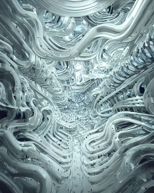 Image similar to organic white iridescent metal construction with fluid parts floating in the dark void hallucinating on psychedelics, creative VFX, no text, rendered with octane, hyper realistic, hyper detailed, surreal, futuristic, 8k