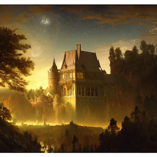 Image similar to a renaissance castle in a forest with a glowing night sky, upward angle, by ruan jia