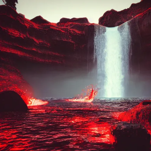 Image similar to landscape of a large waterfall flowing into an infinity pool in hell. intricate artwork. halo. octane render, cinematic, hyper realism, octane render, 8k, bokeh, demonic, dark, devil, demons, mist, red illuminating fog, rocks, red and black colour scheme.