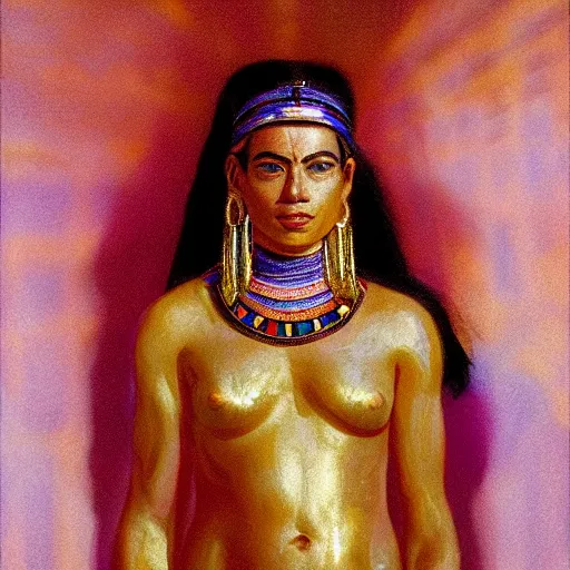 Prompt: dazzling portrait of an amazonian in front of a breathtaking egyptian palace, bisexual lighting, soft glow, rim light, subsurface scattering, ambient occlusion, ambient lighting, phoenix gold texture 1 0 % opacity, vignette painted by jean singer sargent