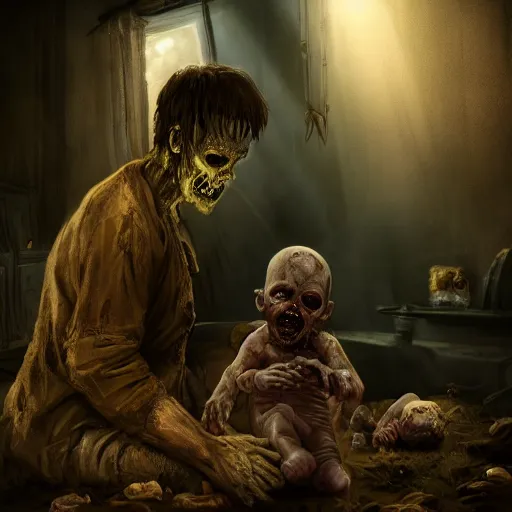 Image similar to The necromancer changes the diaper of his zombie baby, dramatic lighting, cinematic, establishing shot, extremely high detail, foto realistic, cinematic lighting, post processed, concept art, high details, cinematic, 8k resolution, beautiful detailed, photorealistic, digital painting, artstation, concept art, smooth, sharp focus, artstation trending, octane render, unreal engine