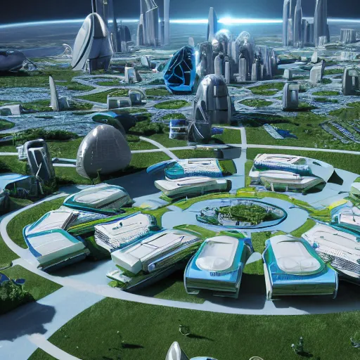 Image similar to a futuristic city located on a space station, the city is white with green lawns and parks. the houses are built in different planes on the huge rings of the station. the city consists of different houses park areas and lakes. in the style of york town from the movie star trek beyond. a cinematographic 7 5 mm shot octane render, 8 k, high resolution