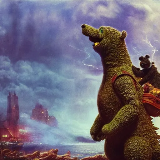 Image similar to godzilla as winnie the pooh as a gigantic muppet, cinematic composition, epic dramatic lighting, realistic, hyperdetailed, photorealistic, photograph, epic scale by gaston bussiere