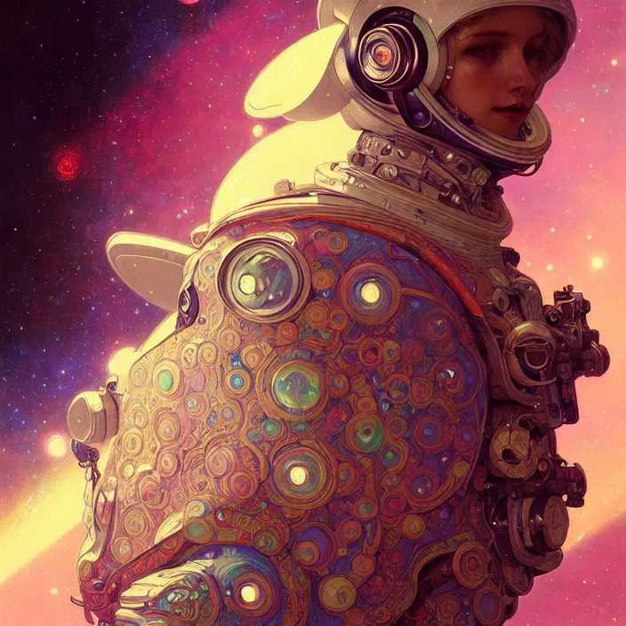 Image similar to psychedelic astronaut , diffuse lighting, fantasy, intricate, elegant, highly detailed, lifelike, photorealistic, digital painting, artstation, illustration, concept art, smooth, sharp focus, art by John Collier and Albert Aublet and Krenz Cushart and Artem Demura and Alphonse Mucha