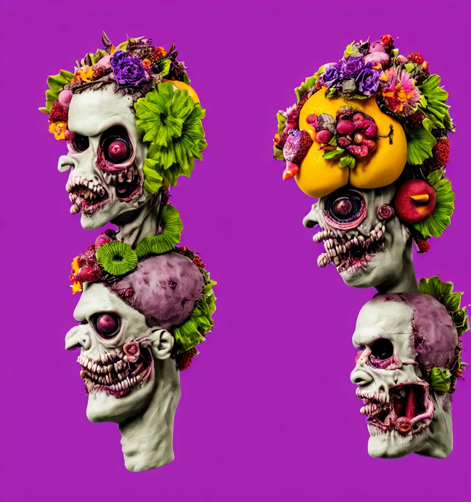 Prompt: portrait headshot of a zombie punk, head made of fruit and flowers in the style of arcimboldo, photorealistic, dynamic lighting, action figure, clay sculpture, claymation, soft pink and purple background