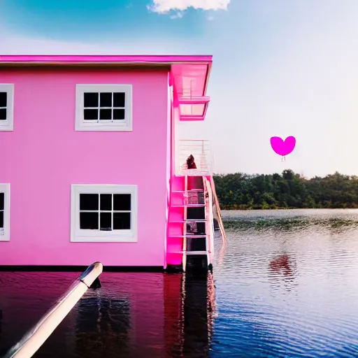 Image similar to a 5 0 mm lens photograph of a cute pink floating modern house, floating in the air between clouds, inspired by the movie up, held up from above by a heart - shaped ballon. mist, playful composition canon, nikon, award winning, photo of the year