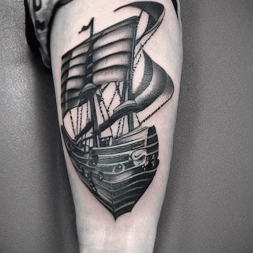 Image similar to realism tattoo print of a pirate ship, by Matteo Pasqualin tattoo artist, on white paper