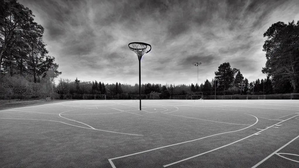 Image similar to a photograph of an empty basketball court in a scenic location, in the styles of sports illustrated, a nike advertisement, and ansel adams. intricate, hyperrealistic, monochrome hdr