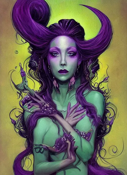 Image similar to portrait of princess of the dreamlands and moon beast, beautiful! coherent! by brom, deep colors, yellow purple green black, strong lines