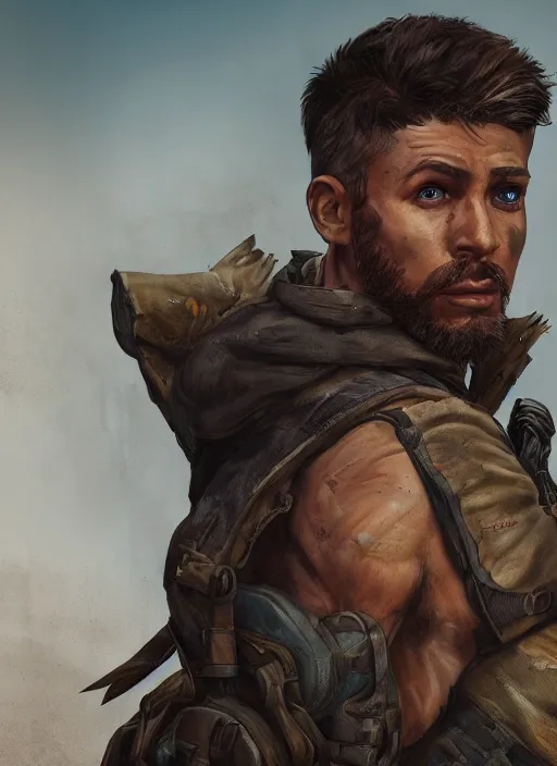 Prompt: A comic book style portrait painting of a male ranger in a post apocalyptic setting, unreal 5, DAZ, hyperrealistic, octane render, RPG portrait, dynamic lighting