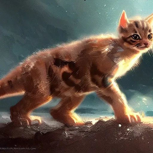 Image similar to a kitten dinosaur hybrid by greg rutkowski