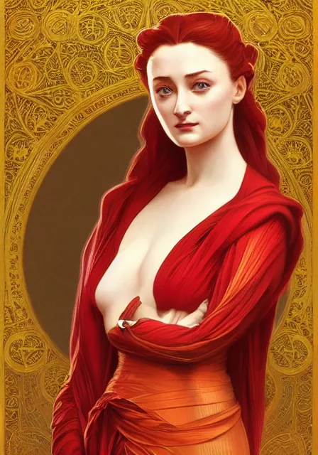 Image similar to sansa stark in red and gold, intricate, elegant, highly detailed, digital painting, artstation, concept art, smooth, sharp focus, illustration, art by artgerm and greg rutkowski and alphonse mucha and william - adolphe bouguereau