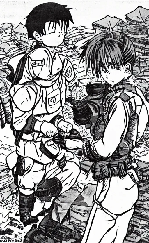 Prompt: manga, monochromatic, toriyama akira, a soldier girl character talking to a comrade about the rations, soldier clothing