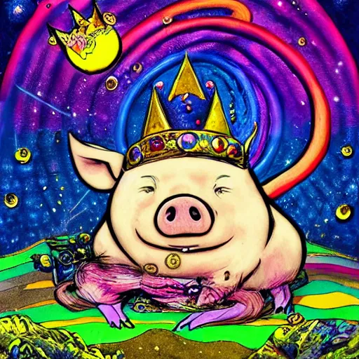 Image similar to trippy comic art of a pig wearing a gold crown sleeping on a rainbow in the sky with white clouds, drawn by Martin Rowson, Tim Burton, Studio Ghibli, Alex Pardee, Nekro Petros Afshar, James McDermott, colors by lisa frank, unstirred paint, vivid color, cgsociety 4K