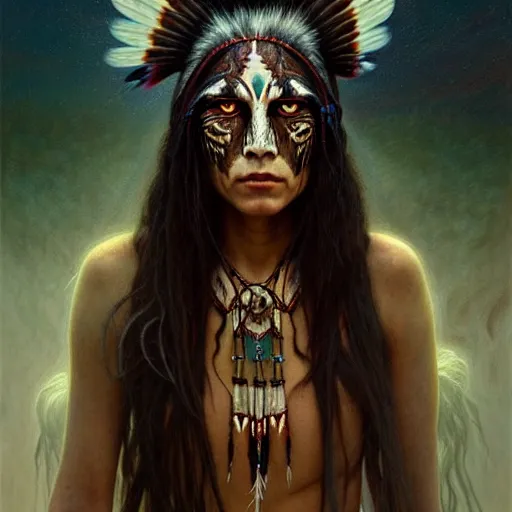 Image similar to native american skinwalker, horror, heroic lighting, dark fantasy, intricate, elegant, highly detailed, lifelike, photorealistic, digital painting, artstation, illustration, concept art, smooth, sharp focus, art by John Collier and Albert Aublet and Krenz Cushart and Artem Demura and Alphonse Mucha