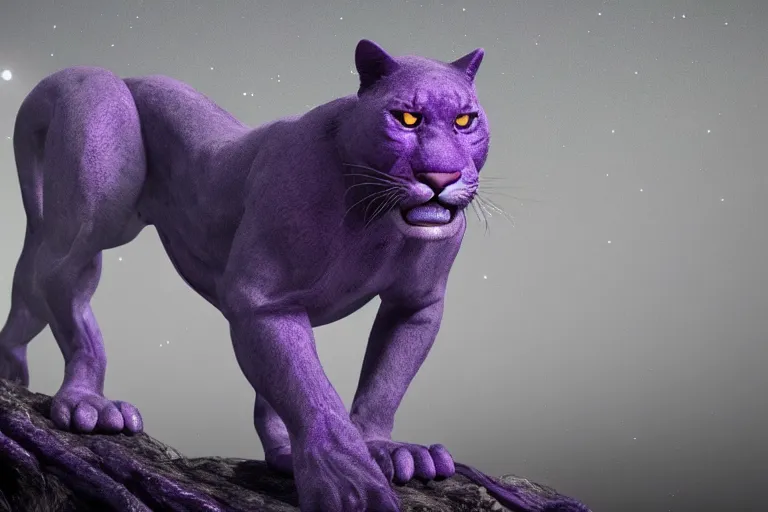 Image similar to a purple panther roaring at the moon in a forest during the night, large moon in the center. trending on artstation. cinematic. photoreal. dark colors. night.