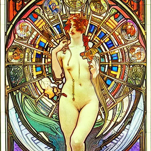 Prompt: burning man, goddess of travel, car, carpool, rv, traffic, queue, ticket, passport, intricate, stained glass by alphonse mucha