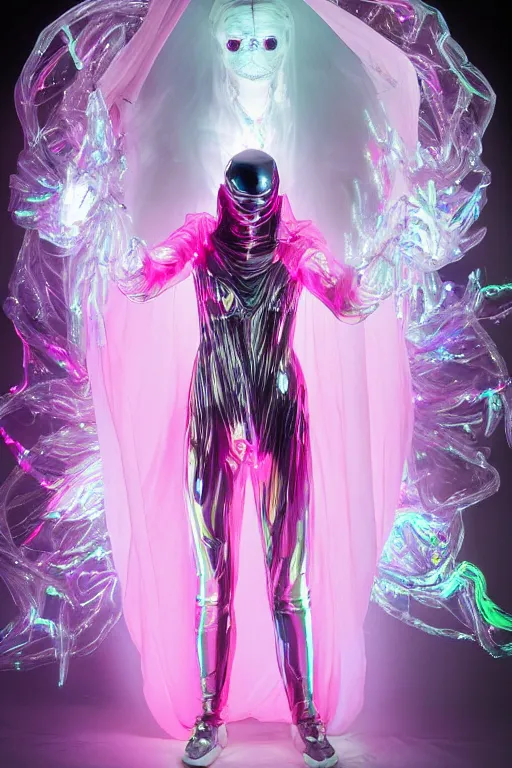 Image similar to full-body rococo and cyberpunk delicate crystalline sculpture of a muscular iridescent slender man as a humanoid deity wearing a thin see-through plastic hooded cloak sim roupa, posing like a superhero, glowing pink face, crown of white lasers, large diamonds, swirling black silk fabric. futuristic elements. oozing glowing liquid, full-length view. space robots. human skulls. throne made of bones, intricate artwork by caravaggio. Trending on artstation, octane render, cinematic lighting from the right, hyper realism, octane render, 8k, depth of field, 3D