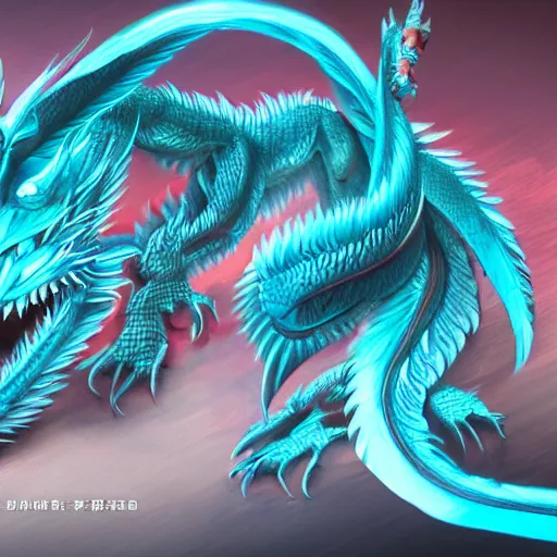 Image similar to a concept art of a whole cyan chinese dragon, highly detailed, cyberpunk style, 4 k, artstation, digital art, rendered in unreal engine, soft illumination.