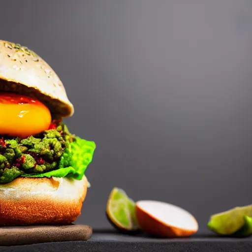 Image similar to juicy vegan hamburger topped with guacamole and fried onion and a vegan fried egg, crispy buns, 8 k resolution, professional food photography, studio lighting, sharp focus, hyper - detailed