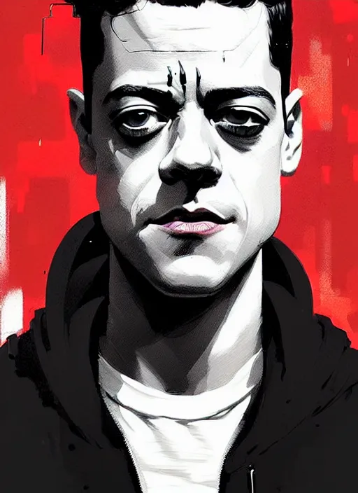 Image similar to highly detailed closeup portrait of rami malek, elliot alderson, black hoody by atey ghailan, by greg rutkowski, by greg tocchini, by james gilleard, by joe fenton, by kaethe butcher, gradient red, black and white color scheme, grunge aesthetic!!! ( ( graffiti tag wall background ) )