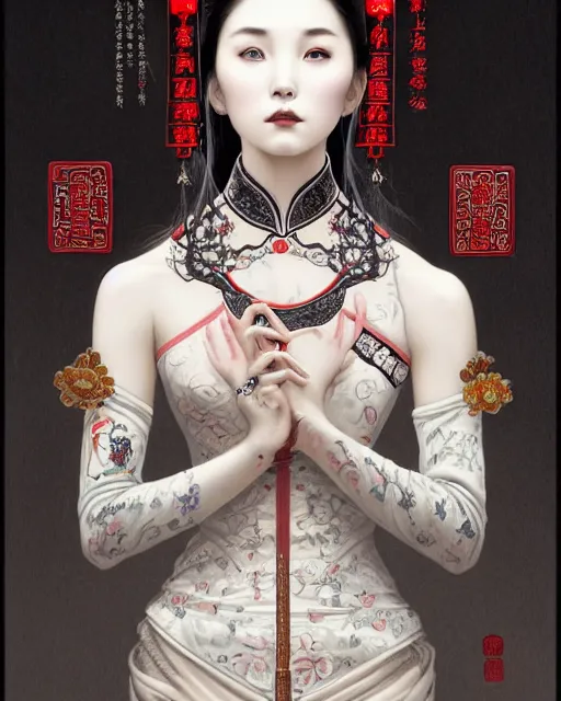 Image similar to portrait of a gothic girl, machine face, upper body, decorated with chinese opera motifs, traditional chinese art, intricate, elegant, highly detailed, digital painting, artstation, concept art, smooth, sharp focus, illustration, art by artgerm and greg rutkowski and alphonse mucha, 8 k