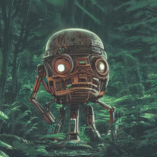 Image similar to in the style of ghostshrimp and laurie greasley a giant decaying robot head in an enchanting and lush forest that has been turned into a quaint house, highly detailed, 8k wallpaper