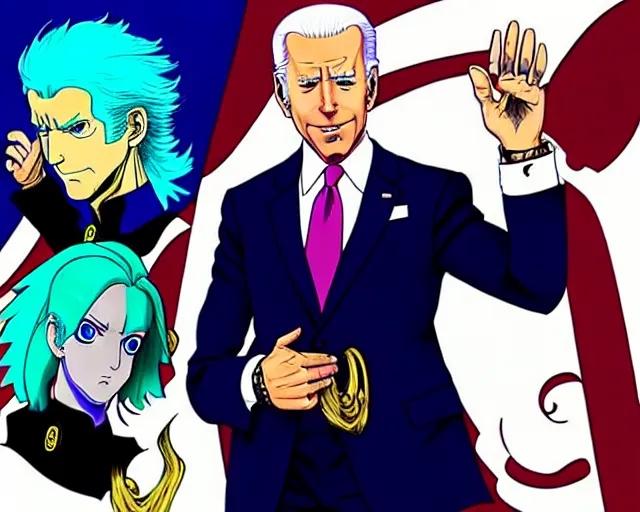 Image similar to Joe Biden in JoJo’s Bizarre Adventure anime by Hirohiko Araki, highly detailed, dynamic lighting, anime style