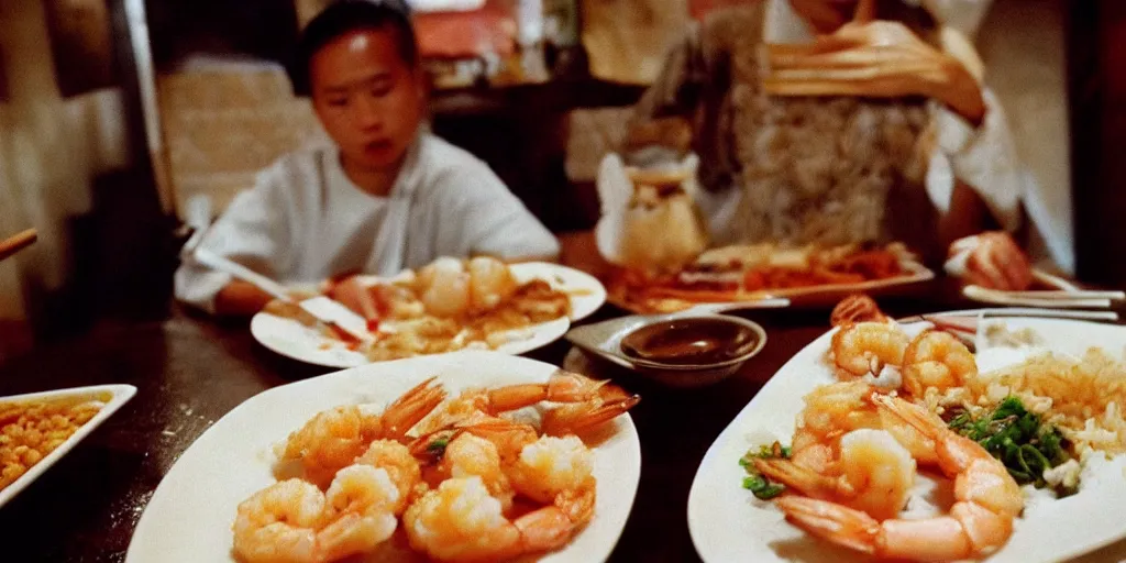 Image similar to “Bambi eating rice and fried shrimp in Chinese restaurant, realistic, 35mm film still, masterpiece”