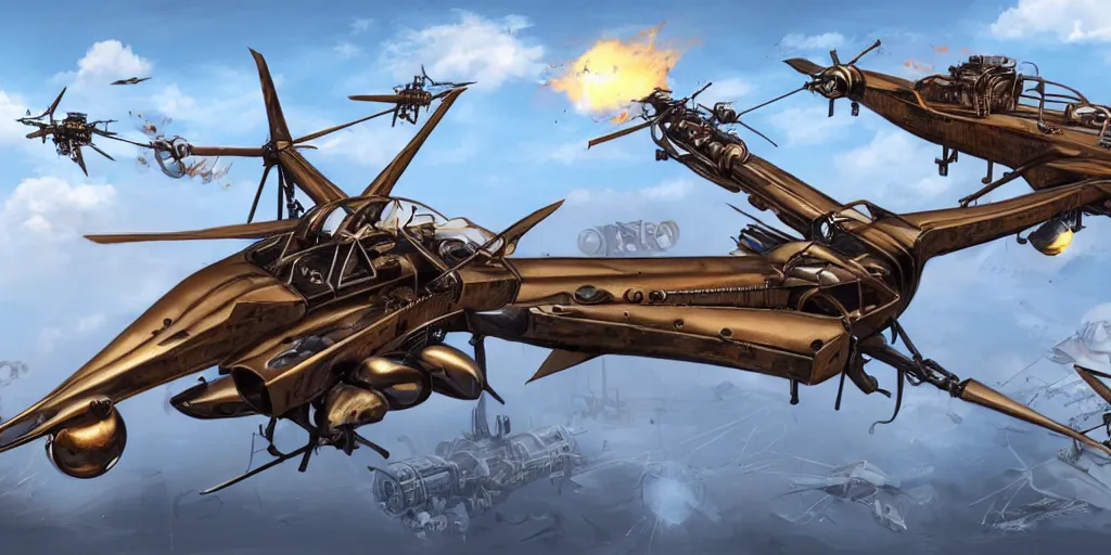Prompt: war of steampunk attack helicopters, concept art, industrial design, detailed, 4 k, smooth curves, azure sky