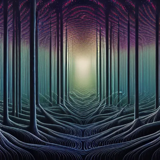 Prompt: cinematic view of a dark dmt boreal forest filled with intricate and perfect patterns, trees, desaturated, psychedelic, dmt art, tim hildebrandt, alex grey, android jones, oil on canvas, masterpiece, trending on artstation, featured on pixiv, cinematic composition, sharp, details, hyper - detailed, hd, hdr, 4 k, 8 k