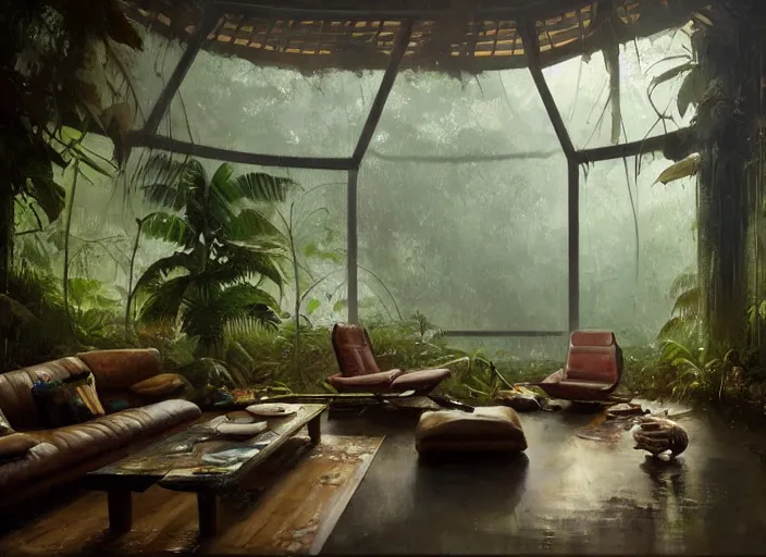 Image similar to a beautiful painting of the interior of a geodesic house in a moist tropical rainforest, living room, by greg rutkowski, realism, artstation, nature