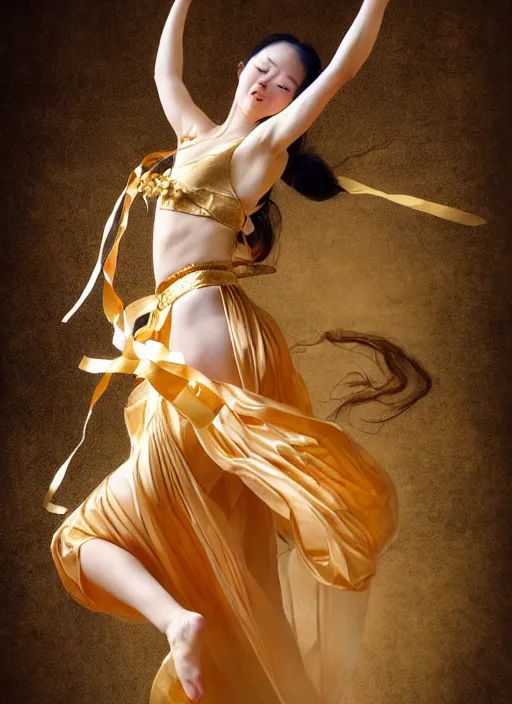 Image similar to full body portrait of a dancer throwing large ribbons, feet, barefoot, full body, vivacious, extremely beautiful, gold jewelry, hanfu, chinese ribbon dance, aerial silk, large flying ribbons, ming dynasty, detailed, realistic face, anatomically accurate, fantasy art, ghostblade, wlop.