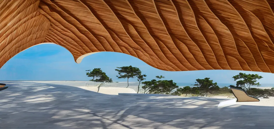 Prompt: curved roof planes lift and descend creating shade and architectural expression, highly detailed, situated on a beach, marble, vivid color, high resolution photography, mist, luxury house