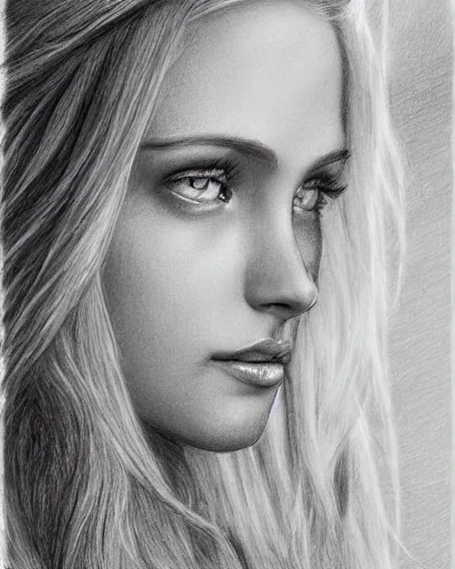 Image similar to pencil drawing of a beautiful greek goddess aphrodite with arrowhead earrings, beautiful piercing eyes, beautiful blonde hair, hyper realistic face, in the style of greg rutkowski, fantasy, amazing detail, epic, elegant, smooth, sharp focus, from the front